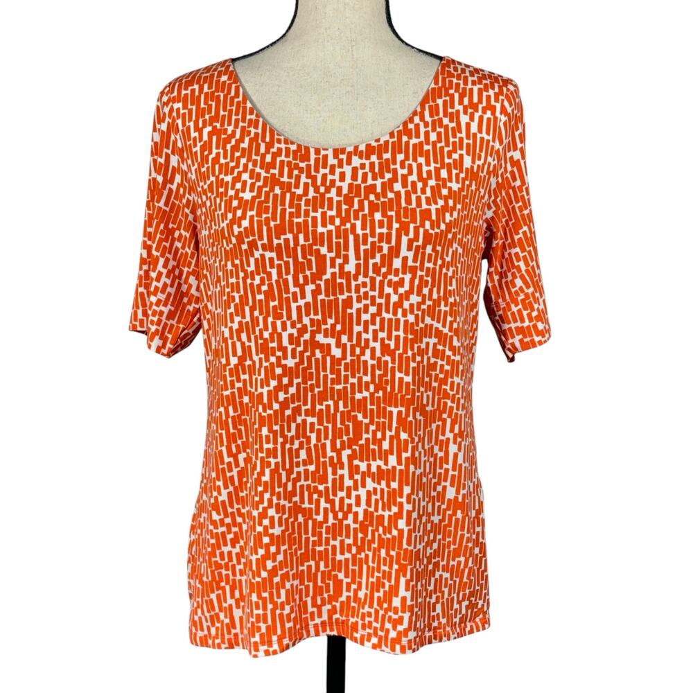 Chico’s SZ 1 (Medium) Top Abstract Round Neck Short Sleeve Stretch Lined Orange